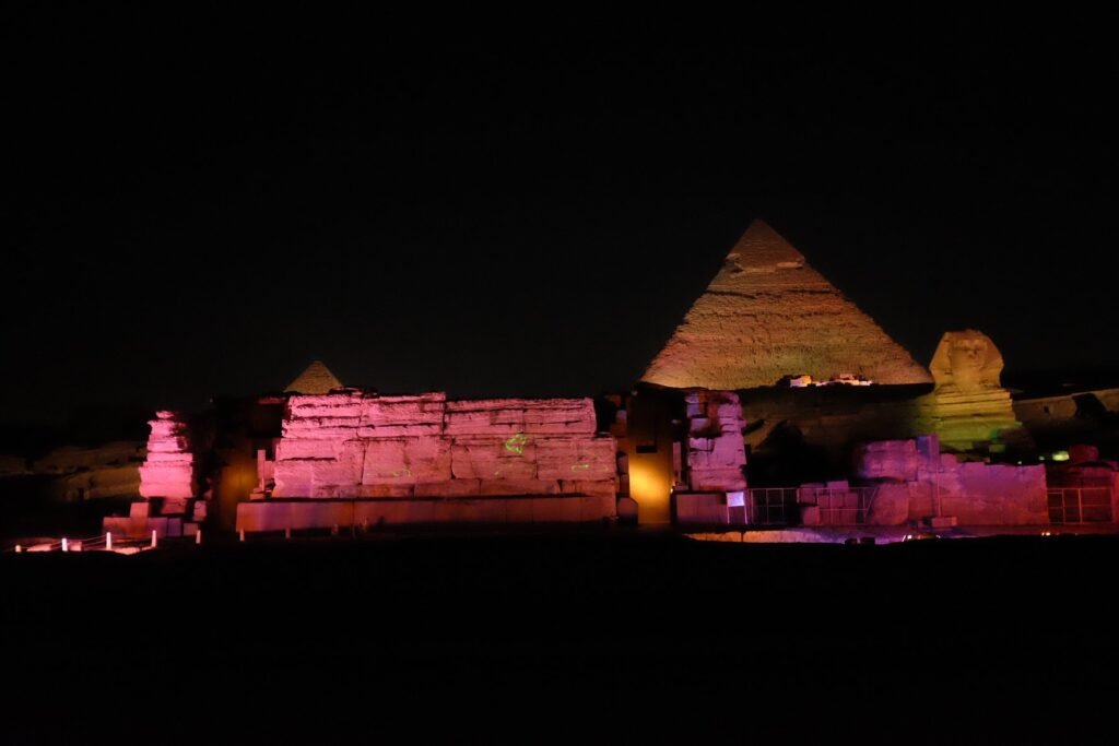 An illuminated Sphinx during the Sound and Light show.