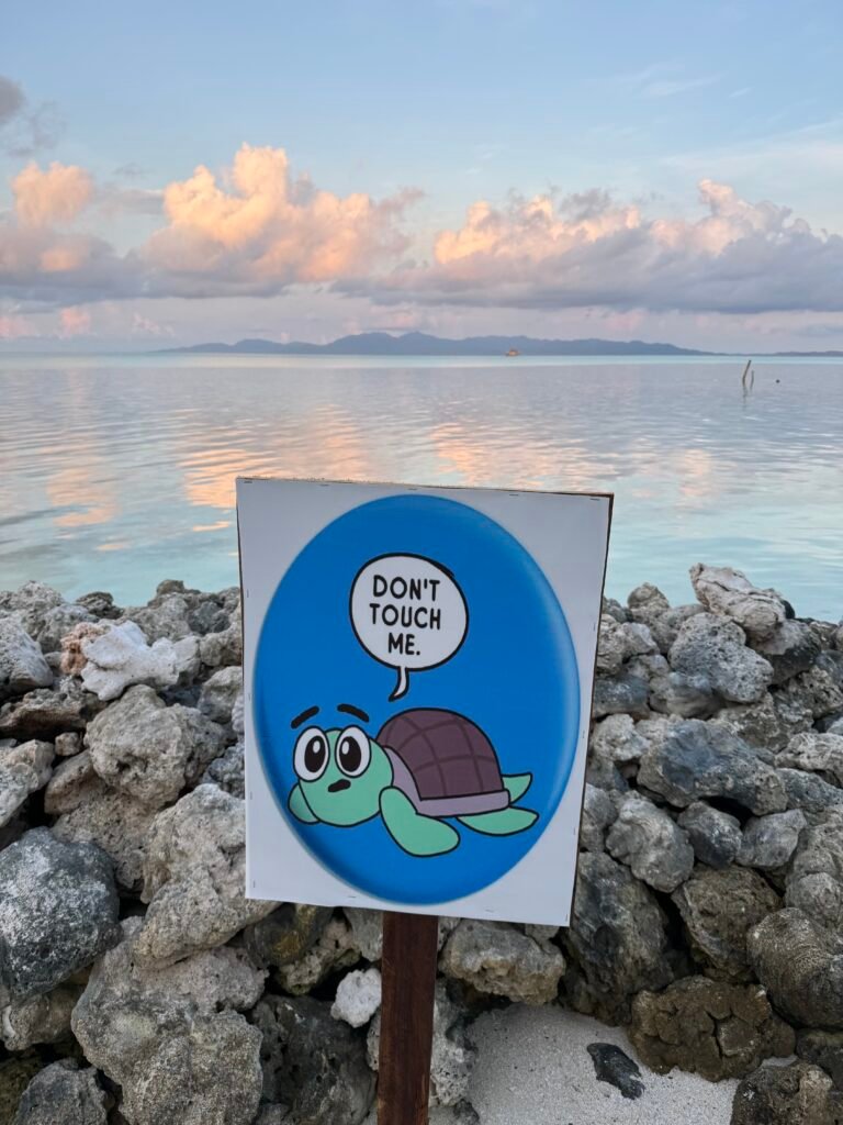 A note to travelers to avoid touching turtles inhabiting Onuk Island.